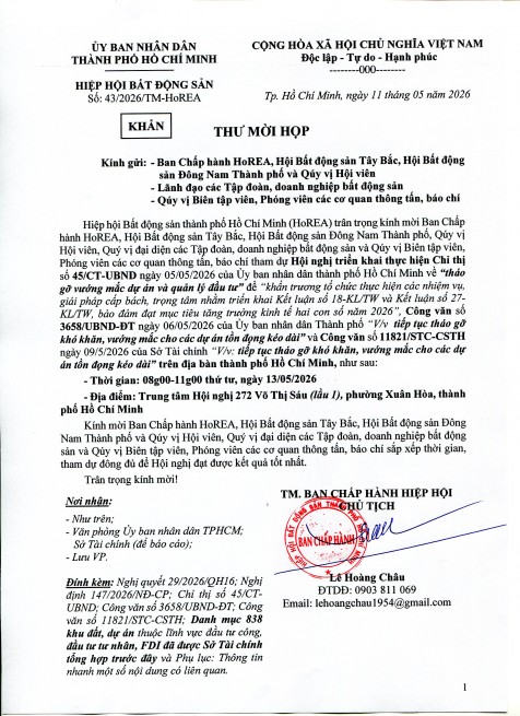 THƯ MỜI HỌP TRIỂN KHAI THỰC HIỆN CHỈ THỊ SỐ 45/CT-UBND CỦA ỦY BAN NHÂN DÂN THÀNH PHỐ HỒ CHÍ MINH VỀ THÁO GÕ VƯỚNG MẮC DỰ ÁN VÀ QUẢN LÝ ĐẦU TƯ