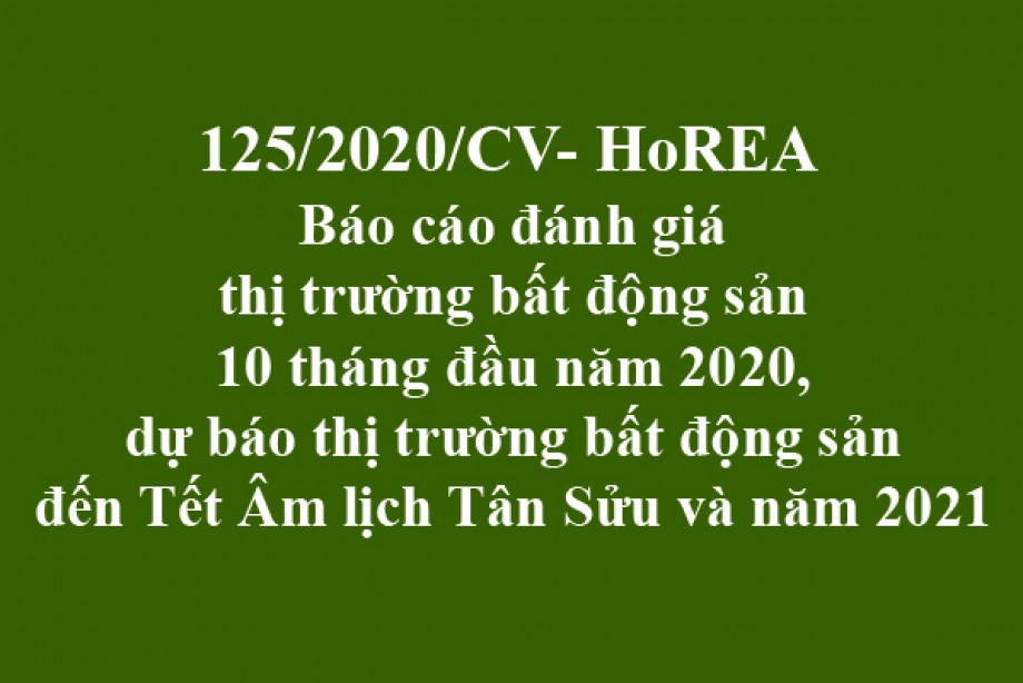 125/2020/CV- HoREA, ngày 12 tháng 11 năm 2020 báo cáo đánh giáthị trường bất động sản10 tháng đầu năm 2020, dự báo thị trường bất động sản đến Tết Âm lịch Tân Sửu và năm 2021