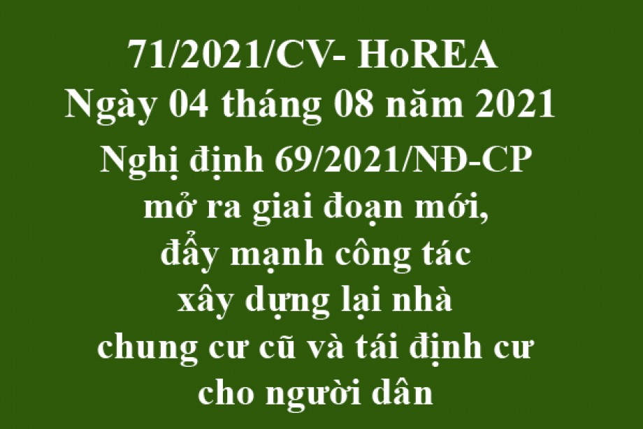 Công văn 71/2021/CV- HoREA, ngày 04 tháng 08 năm 2021 Nghị định 69/2021/NĐ-CP mở ra giai đoạn mới, đẩy mạnh công tác xây dựng lại nhà chung cư cũ và tái định cư cho người dân