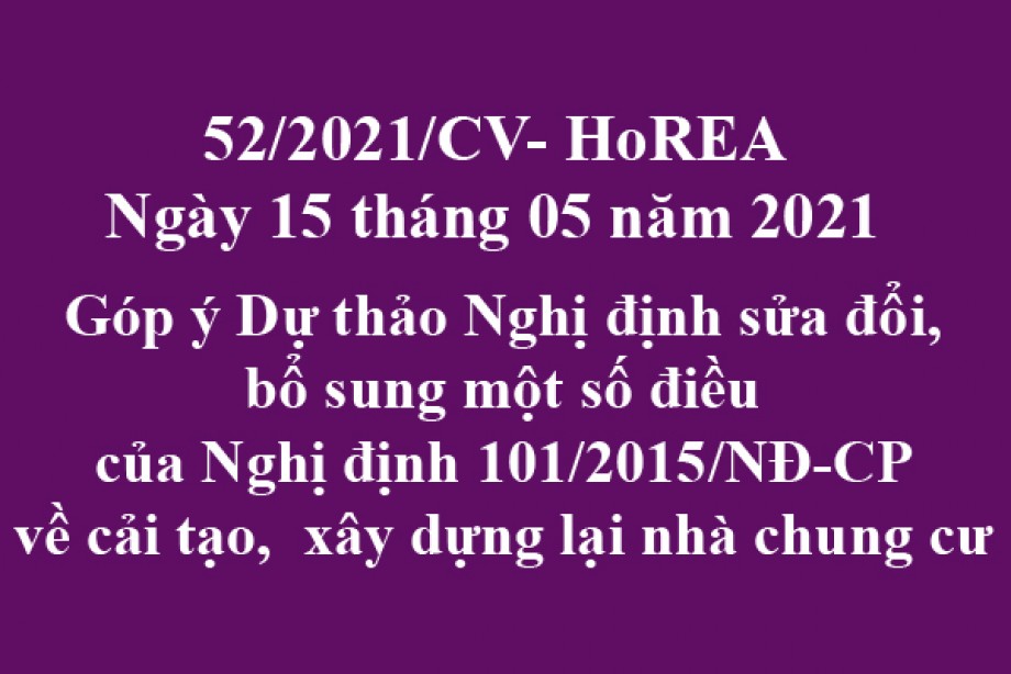 Công văn 52/2021/CV-HoREA, ngày 15 tháng 05 năm 2021 Góp ý Dự thảo Nghị định sửa đổi, bổ sung một số điều của Nghị định 101/2015/NĐ-CP về cải tạo, xây dựng lại nhà chung cư