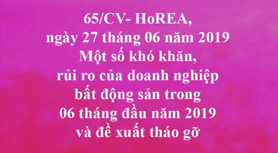 65/CV- HoREA, Một số khó khăn, rủi ro của doanh nghiệp bất động sản trong 06 tháng đầu năm 2019 và đề xuất tháo gỡ